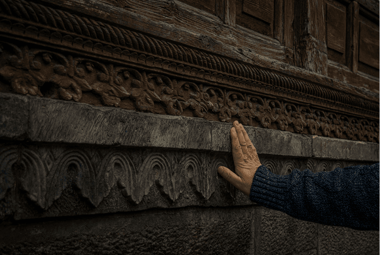 Hand touching carved wooden surface